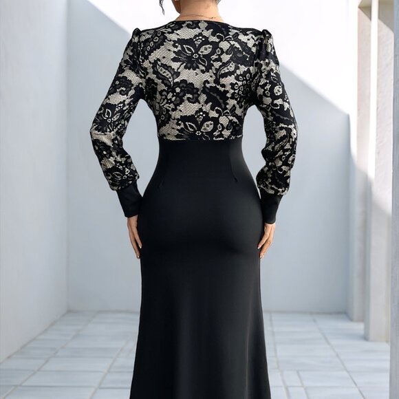 Lace V-Neck Long Sleeve Maxi Dress | Sheath Formal Stretchy Dress - Picture 7 of 12